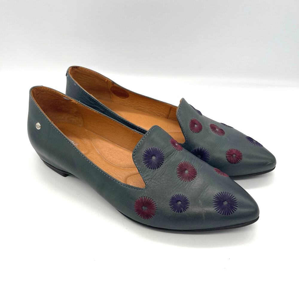 Pikolinos Women's leather Dark Green Flats with Floral Design Size US 7.5 Spain